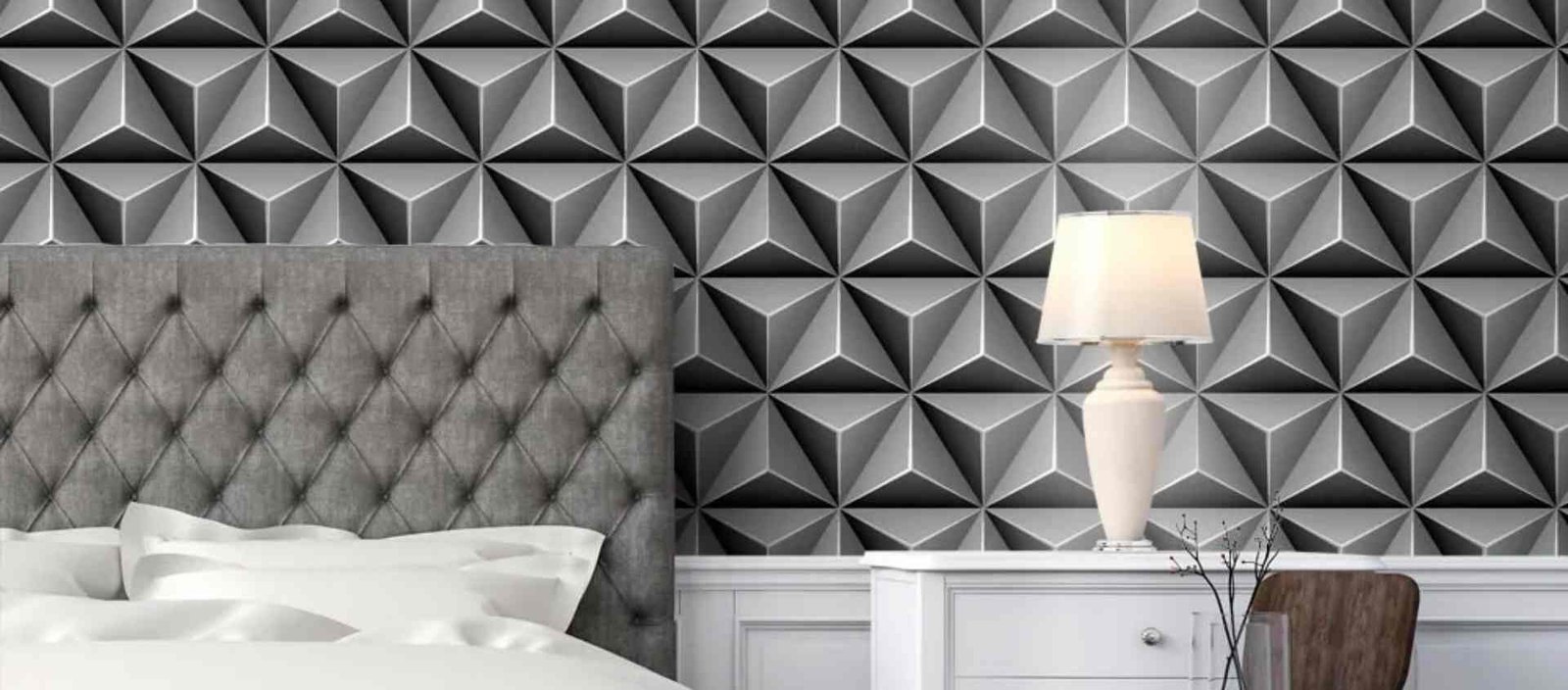 Quarto com placas 3D em padrão losango